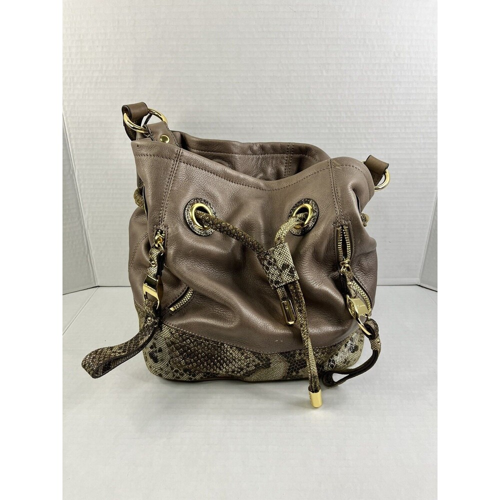 b. makowsky Taupe Leather Shoulder Bag with Snake-Print Trim and Gold Hardware